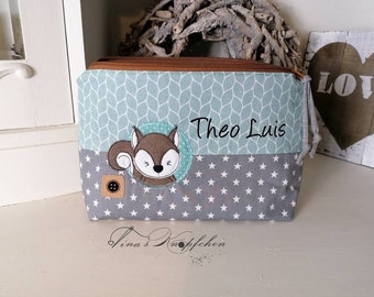 Toiletry bag / diaper bag customizable, mint/grey, squirrel, forest animals