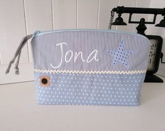 Toiletry bag/diaper bag including name, old blue, baptism gift, birth gift, star