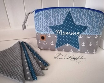 Diaper bag including name, gray blue with star, maritime