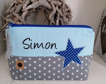 Diaper bag including name, gray blue with star