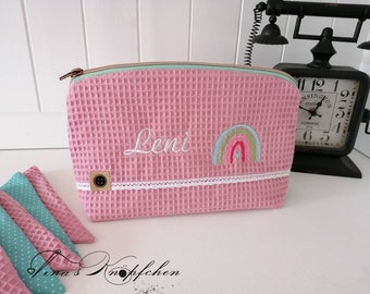 Diaper bag with name, diaper bag personalized, rainbow, old pink, waffle piquee