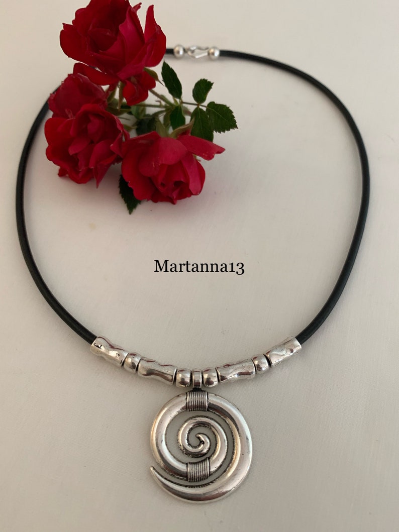 Leather Necklace-Black Leather and Silver Pendant-Woman/'s Leather Necklace-Leather and Silver-Tibetan Silver-Ox Horn Screw Pendant-ND57