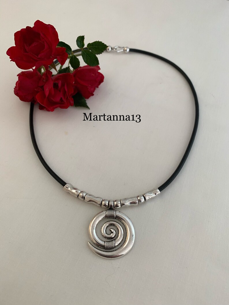 Leather Necklace-Black Leather and Silver Pendant-Woman/'s Leather Necklace-Leather and Silver-Tibetan Silver-Ox Horn Screw Pendant-ND57