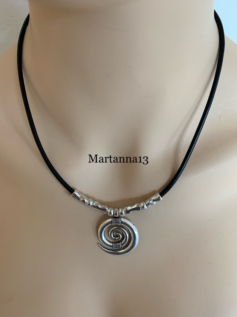 Leather Necklace-Black Leather and Silver Pendant-Woman/'s Leather Necklace-Leather and Silver-Tibetan Silver-Ox Horn Screw Pendant-ND57