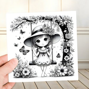 Cute Art Print Wall Art Home Decor Poster Geek Nerd Gaming Gamer Gift Computer Room Black and White Line Art Square Girl UwU Anime Kawaii