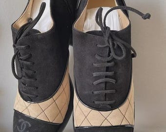 Chanel Goatskin Black and Beige CC Lace-Ups Shoes Booties block heel