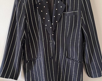 KINU Vintage black Silk Striped and polka dot Jacket padded shoulders