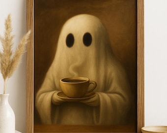 Ghost Drinking Coffee Wall Art – Cozy Oil Painting Print – 300 DPI Digital Download – Spooky Coffee Lover Decor – Autumn Aesthetic