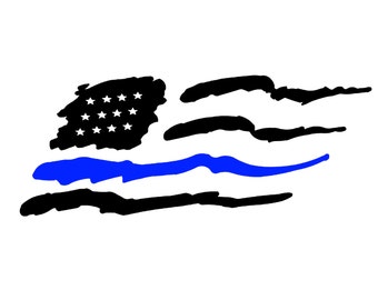 May include: A black and white distressed American flag with a blue stripe across the middle. The flag is a symbol of patriotism and support for law enforcement.