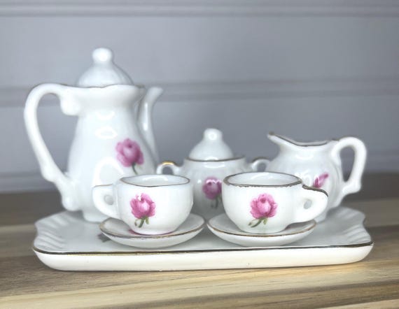 LEFTON Miniature Tea Set; Pink Rose; 10 Pieces; 1960's-70's