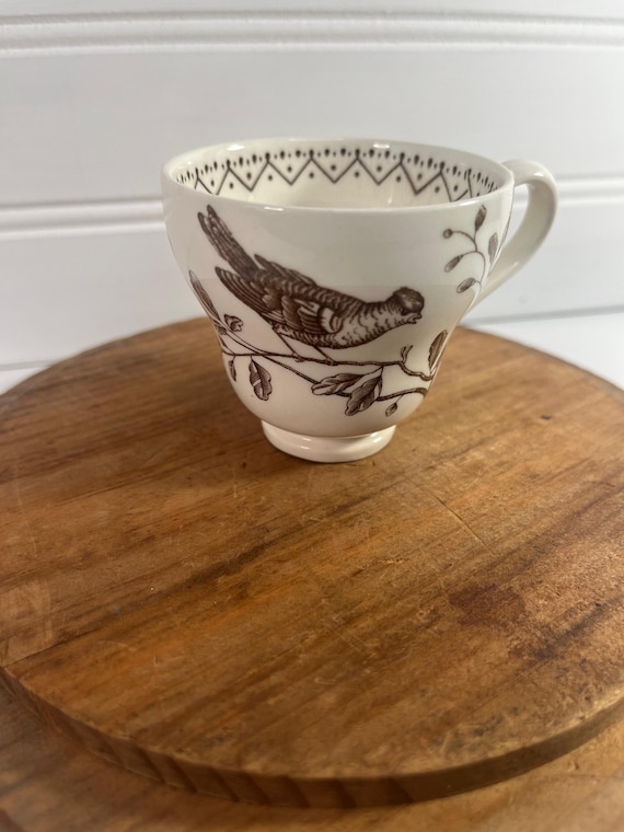Wedgewood of Etruria and Barlaston Demitasse cup; Williamsburg Aviary brown transfer ware