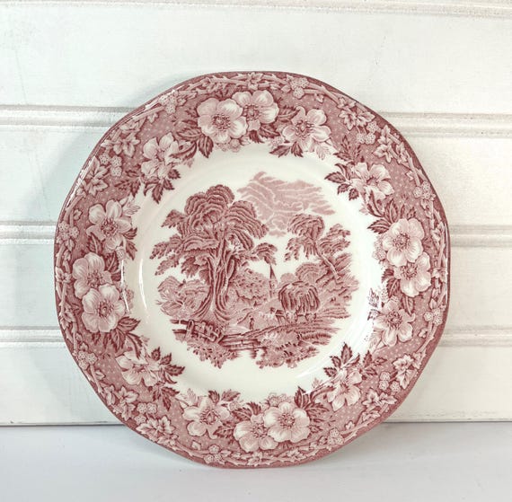 Enoch Wedgewood Ironstone salad plate; Woodland Pattern; Red Transferware