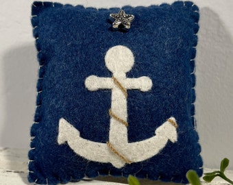 Mini Pillow, Anchor Pillow; Hand Stitched; Wool Applique; Tiered Tray Decor