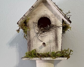 BIRDHOUSE on Pedestal; Pedestal Birdhouse; Vintage Birdhouse; Spring Decor, Tiered Tray Decor; Farmhouse Decor, Mantel Decor