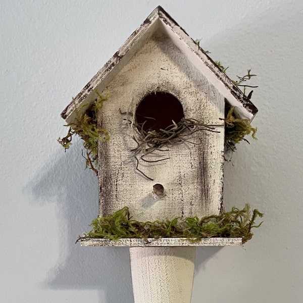 BIRDHOUSE on Pedestal; Pedestal Birdhouse; Vintage Birdhouse; Spring Decor, Tiered Tray Decor; Farmhouse Decor, Mantel Decor