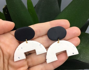 Polymer Clay Minimalist Earrings | Black and White Geometric Clay Earrings