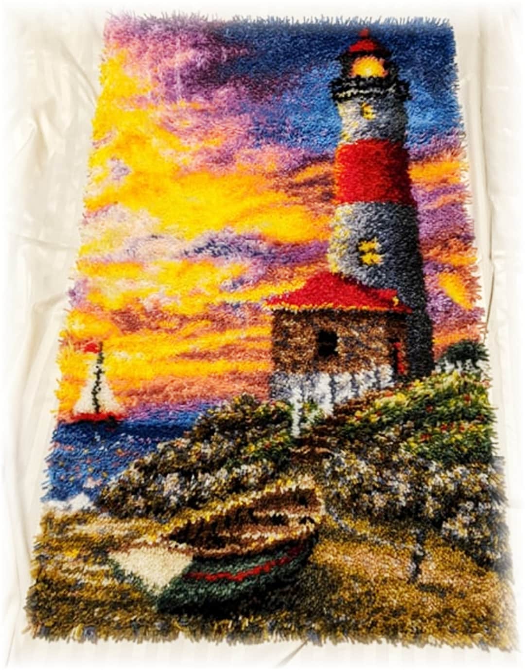 Lighthouse Sunset Completed Latch Hook Rug, This is NOT a Kit Etsy