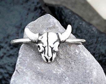 Bull Skull Ring, Hand Sculpted Fine Jewelry, Animal Skull Statement Ring, Western Jewelry, Boho Silver Ring, Cowgirl, Witchy, Longhorn Bull