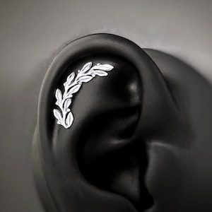 Leaf Helix Earring, helix bar Earring, Sterling Silver Earrings, Helix Piercing, Curved Bar Stud, Woodland, Cottagecore, Witchy Jewelry