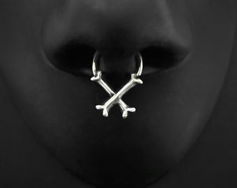 Handgefertigter Crossbones Septum Ring, Feinsilber Gothic Piercing