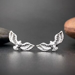 Solid Sterling Silver Raven Stud Earrings, Flying Raven Earrings, Corvid Bird Earrings, Witchy Jewelry, Gothic Jewelry, Crow Stud Earrings