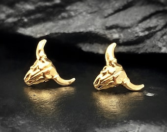 Handmade Silver Bull Skull Stud Earring, Gold Plating Available, Sold Individually