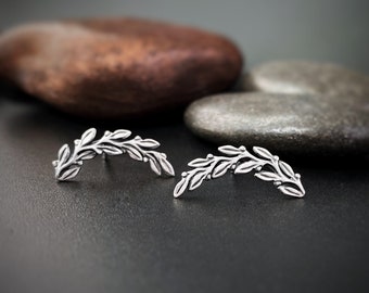 Leaf Helix Earring, helix bar Earring, Sterling Silver Earrings, Helix Piercing, Curved Bar Stud, Woodland, Cottagecore, Witchy Jewelry