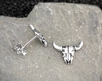 Solid silver bull skull earrings, southwestern stud earrings, made to order, bull skull jewelry, animal skull earring, longhorn bull jewelry