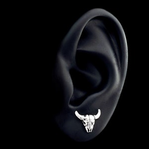 Solid silver bull skull earrings, southwestern stud earrings, made to order, bull skull jewelry, animal skull earring, longhorn bull jewelry