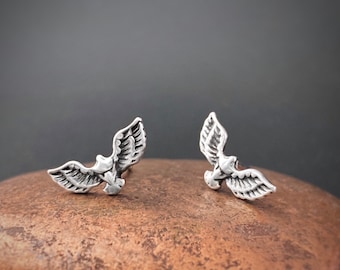 Solid Sterling Silver Raven Stud Earrings, Flying Raven Earrings, Corvid Bird Earrings, Witchy Jewelry, Gothic Jewelry, Crow Stud Earrings