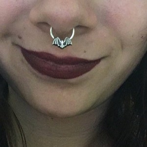 Handmade Bat Septum Ring, Sterling Silver Hoop, Goth Punk Jewelry