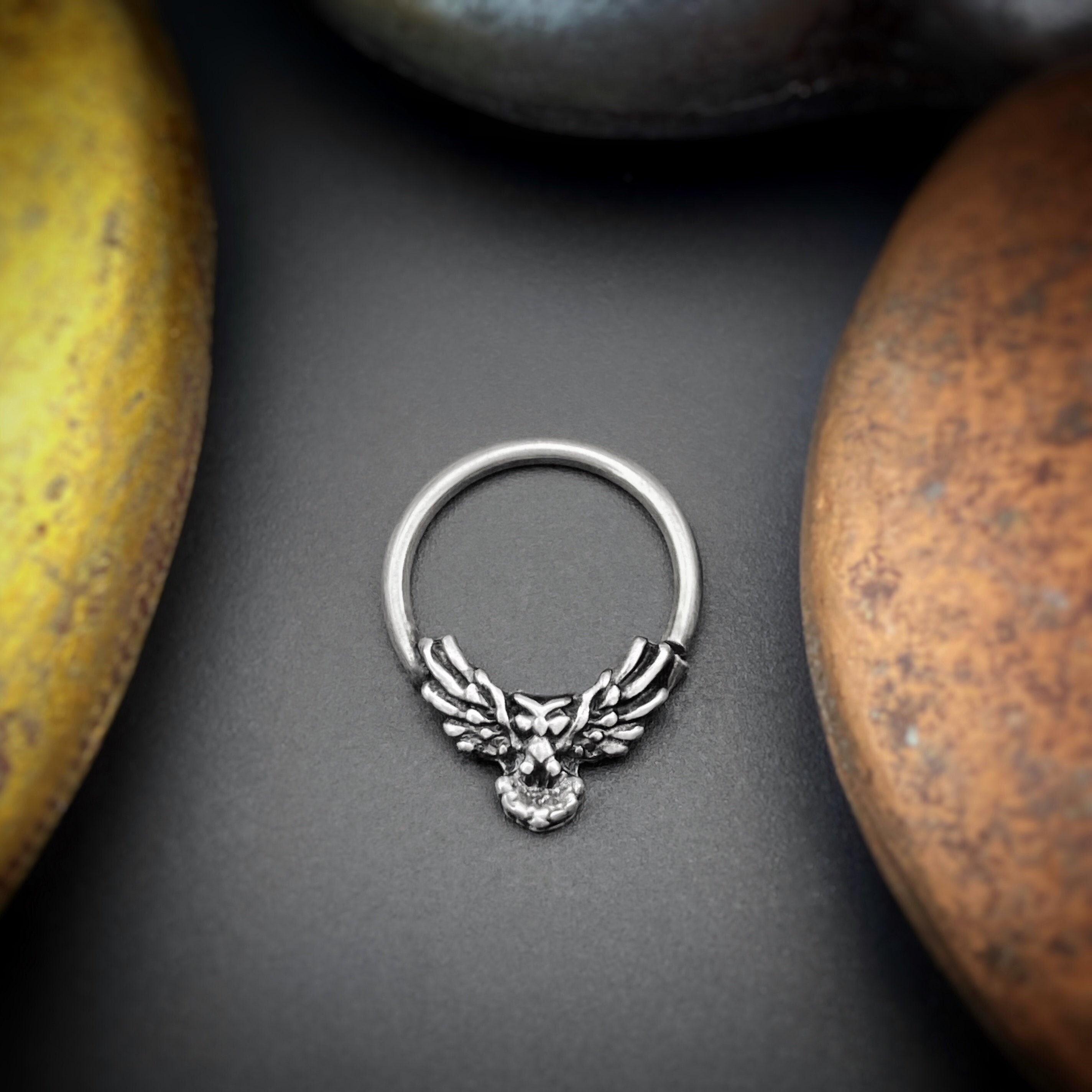 Made TO Order Solid Fine Silver Flying Owl Septum Ring, Witchy Piercing
