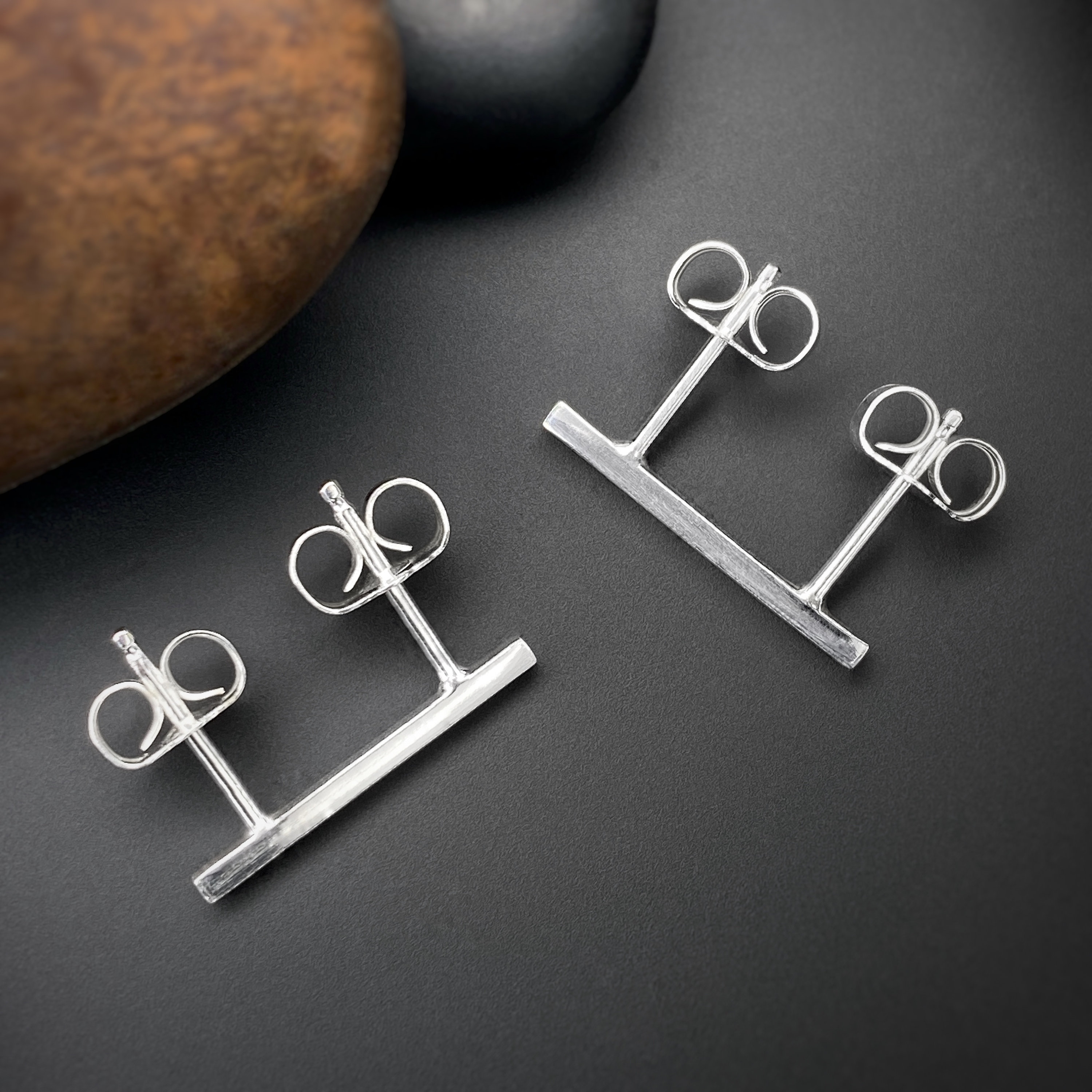 Square Bar Sterling Silver Double Piercing Stud Earring