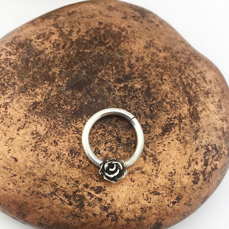 Hex Hoop Rose Daith Ring Sterling Silver Rose Ring Septum Piercing Flower Helix Hoop Rose Helix Ring Daith Septum Hoop Rose Jewelry