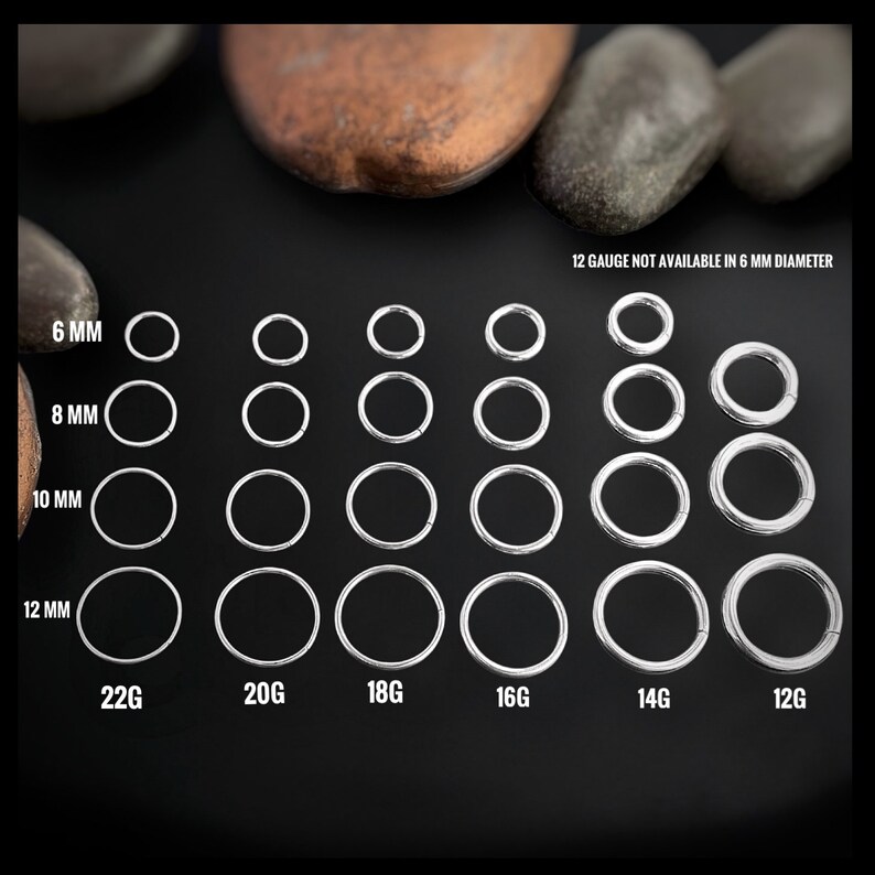 May include: A chart showing different sizes and gauges of seamless silver hoop earrings. The chart shows hoops from 6mm to 12mm in diameter and from 12 gauge to 22 gauge in thickness. 12 gauge is not available in 6mm.
