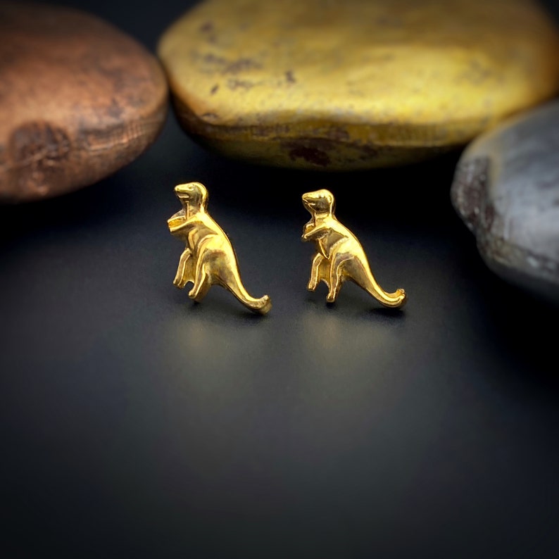 Gold Dinosaur Stud Earrings, Dinosaur Earrings, 22k Gold, Small Studs, TRex, Tiny Stud, Brontosaurus, Stegosaurus, Dino Jewelry, Helix Stud image 6