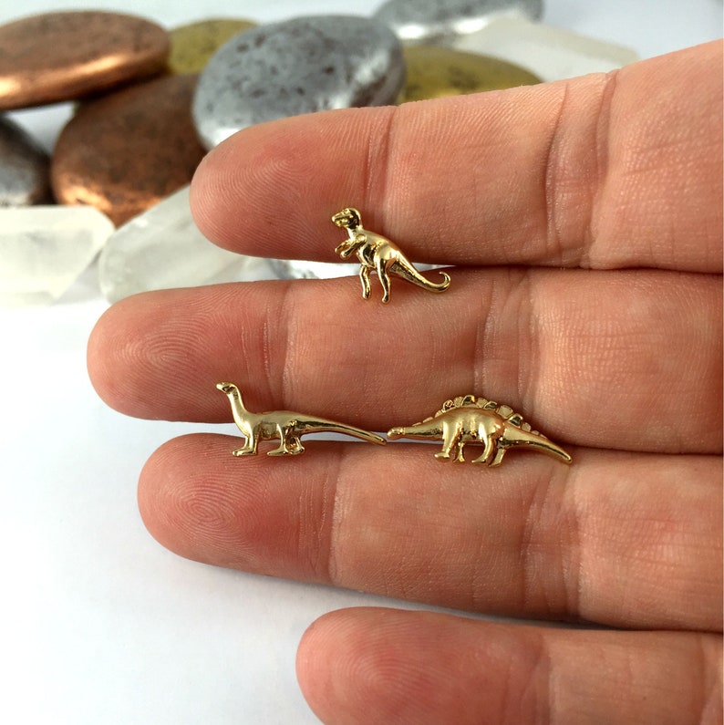 Gold Dinosaur Stud Earrings, Dinosaur Earrings, 22k Gold, Small Studs, TRex, Tiny Stud, Brontosaurus, Stegosaurus, Dino Jewelry, Helix Stud image 3