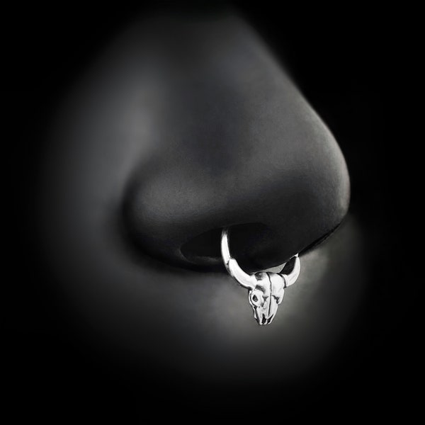 Anillo de septum con calavera de toro de plata de ley, joyería del suroeste