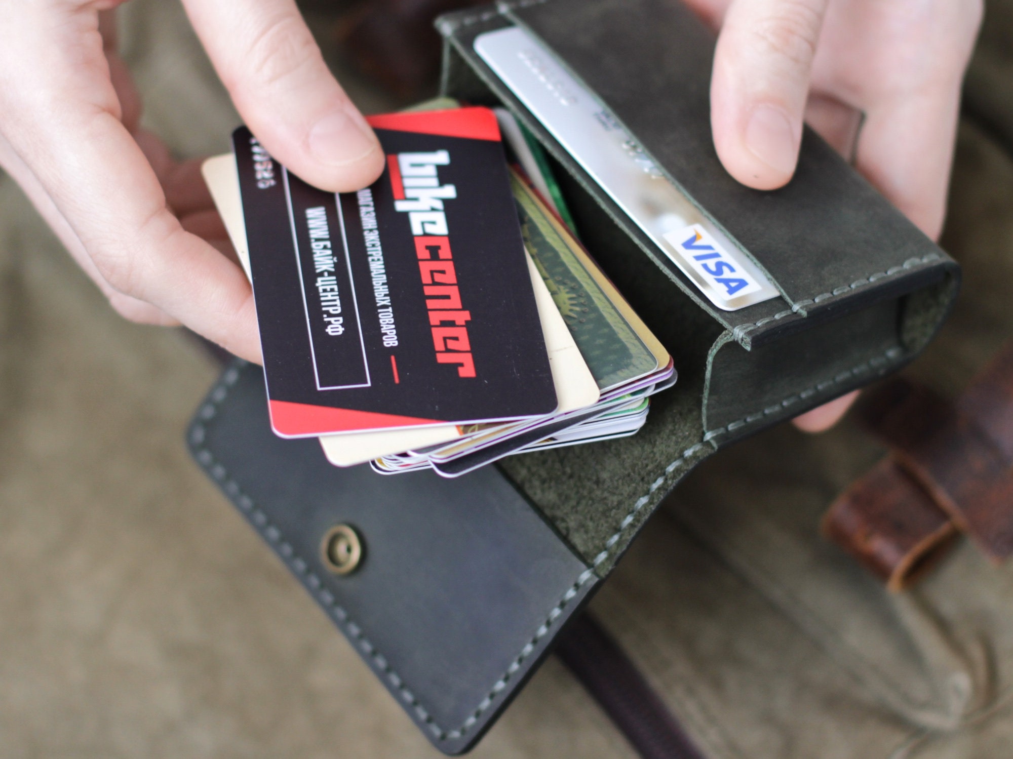 Green Leather Card Holder with Snap Button for Men Engraved Etsy