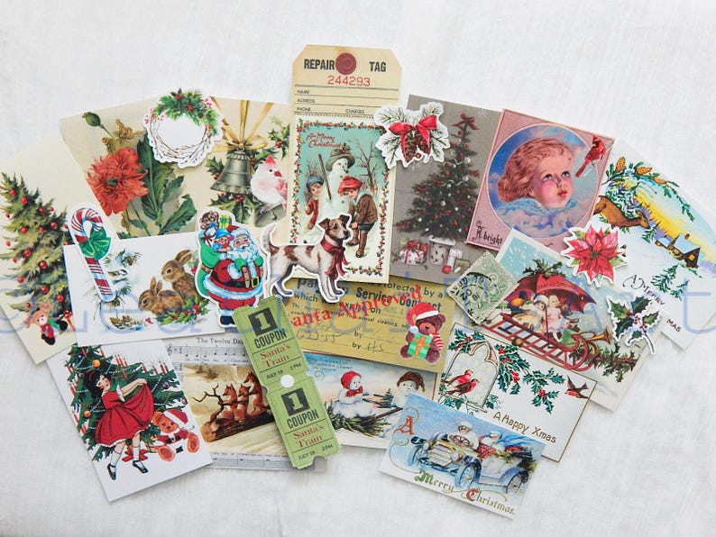 May include: A collection of vintage Christmas themed paper ephemera, including cards, tags, and stickers. The images feature Santa Claus, reindeer, snowmen, and other holiday imagery. The paper is in various shades of red, green, blue, and white.
