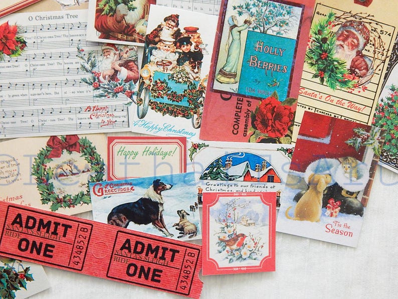 May include: A collection of vintage Christmas cards and paper ephemera featuring images of holly, wreaths, Santa Claus, and winter scenes. The cards are printed on various colored paper and feature a variety of fonts and illustrations. There are also two red paper tickets with the text "ADMIT ONE" printed on them.