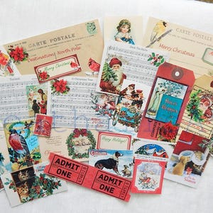 May include: A collection of vintage Christmas themed paper ephemera, including postcards, tags, and sheet music. The ephemera features images of Santa Claus, reindeer, snowmen, and other holiday symbols. The ephemera is in various colors, including red, green, and white.