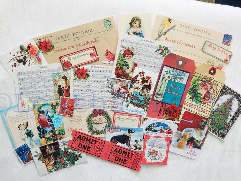 May include: A collection of vintage Christmas themed paper ephemera, including postcards, tags, and sheet music. The ephemera features images of Santa Claus, reindeer, snowmen, and other holiday symbols. The ephemera is in various colors, including red, green, and white.