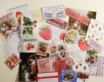 Strawberries and Bunnies Junk Journal Kit: Vintage Inspired Ephemera Pack/25+ Random Ephemera Pieces