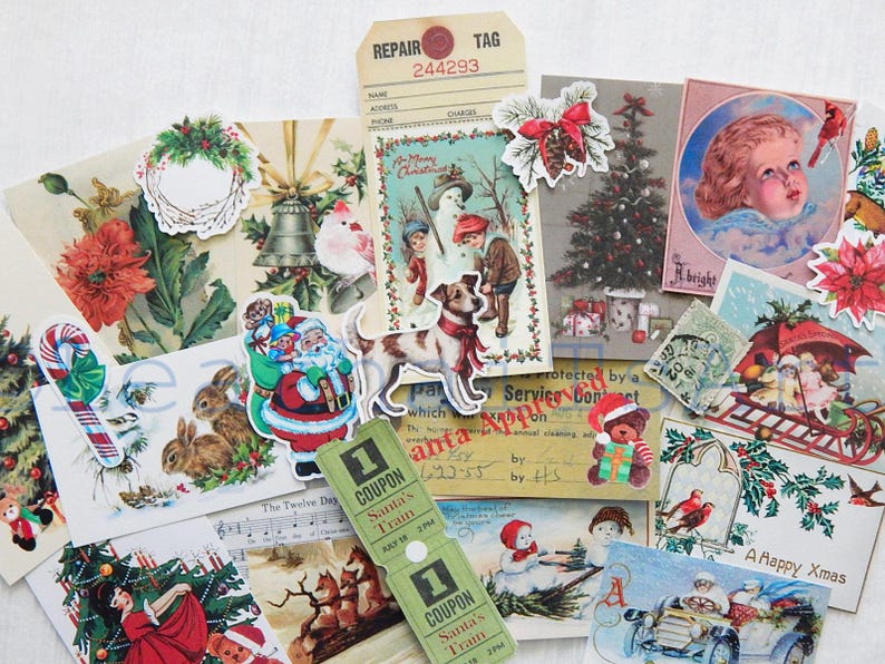 May include: Assortment of vintage Christmas themed paper ephemera, including postcards, tags, and stickers. The images feature a variety of holiday motifs, such as Santa Claus, reindeer, snowmen, and Christmas trees. Some of the ephemera have text, such as "A Happy Xmas" and "Santa's Train".