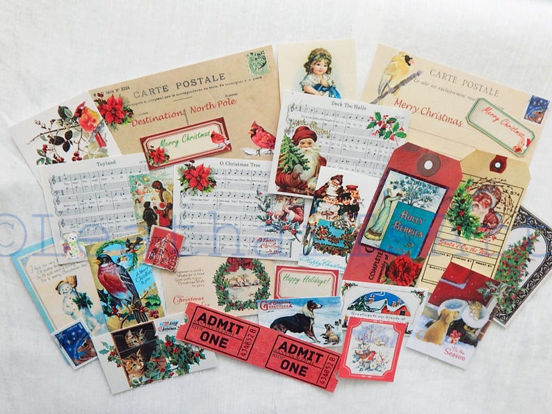 May include: A collection of vintage Christmas themed paper ephemera, including postcards, sheet music, and gift tags. The ephemera features images of Santa Claus, holly, robins, and other festive motifs. The text on the ephemera includes "Merry Christmas", "North Pole", and "Deck the Halls".