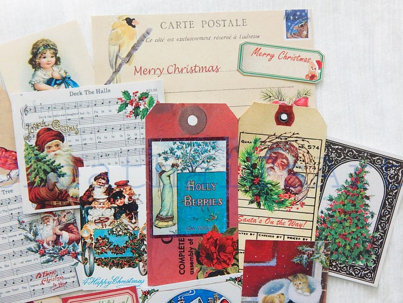 May include: Assortment of vintage Christmas themed paper ephemera, including a postcard with the text "Merry Christmas", a tag with the text "Holly Berries", a tag with the text "Santa's On the Way!" and a sheet of music with the text "Deck The Halls".