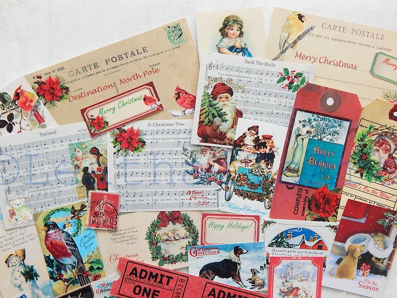 May include: A collection of vintage Christmas themed paper ephemera, including postcards, sheet music, and tags. The ephemera features images of Santa Claus, holly berries, and a Christmas tree. The text on the ephemera includes "Merry Christmas", "Deck the Halls", and "Holly Berries".