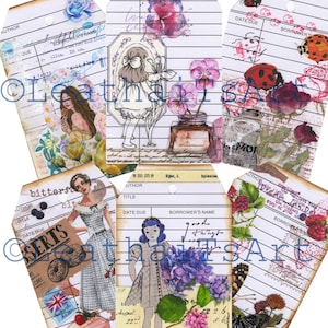 May include: Five vintage style library card tags with floral and illustrated designs. The tags are white with black lines and feature text such as "Author", "Title", "Date Due", and "Borrower's Name".