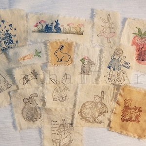 Hand Stamped Bunny Coffee Stained Muslin Fabric Pieces: Junk Journal Ephemera